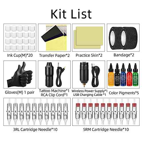 ATOMUS Tattoo Machine Kit Cordless 1300mAh Rechargeable Tattoo Power Supply Set with Rotary Tattoo Pen Machine 20pcs Tattoo Cartridge Needles 5pcs Tattoo Inks RCA Connector