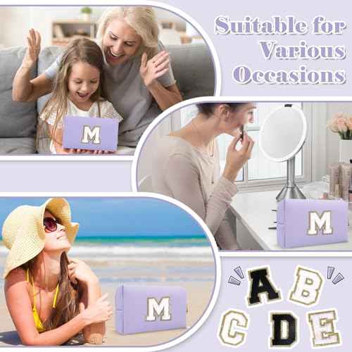 Personalized Makeup Bag Initial A-Z Preppy Patch Bag,Small PU Leather Travel Cosmetic Bag Pouch with Zipper,Purple Cute Toiletry Bag,Gift Ideal for Teen Girls Women Birthday Friend Mom,Latter M