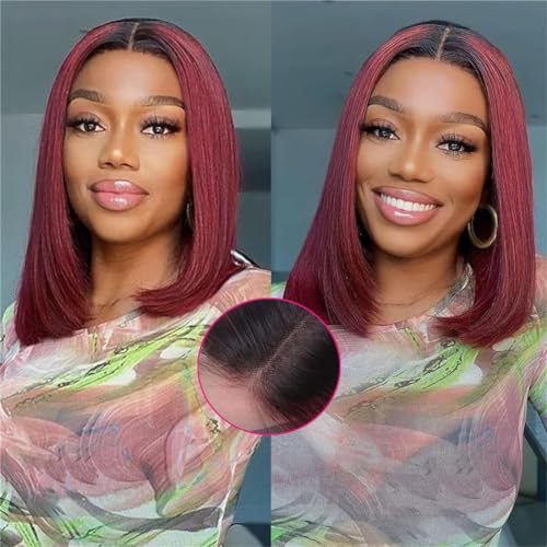 1B Burgundy Bob Wig Human Hair, 13x4 Frontal Lace Wig Short Straight Bob Wigs for Women Human Hair Pre Plucked Natural Hairline Ombre Burgundy Wig 14inch
