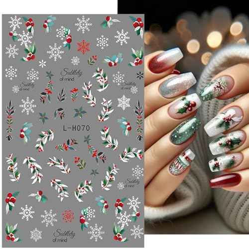 8Pcs Christmas Nail Sticker 3D Xmas Green Leaf Flower Adhesive Decal Supplies Glitter Gold Silver Snow Leaves Design for Women Winter Holiday Manicure Decoration Accessories
