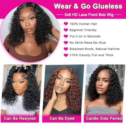 HENGROSE 5x8 Bob Wig Human Hair Glueless Wigs Human Hair Pre Plucked Pre Cut Deep Wave HD Lace Closure Wigs Human Hair 210% Density Wear And Go Glueless Wig (16inch)