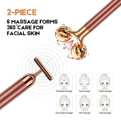 2-IN-1 Beauty Bar 24k Golden Pulse Facial Face Massager, Electric 3D Roller and T Shape Arm Eye Nose Head Massager Facial Roller Massager Kit Skin Care Tools
