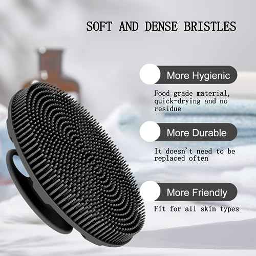 INNERNEED Food-Grade Soft Silicone Body Scrubber Shower Brush Handheld Cleansing Skin Brush, Gentle Exfoliating and Lather Well (Black)