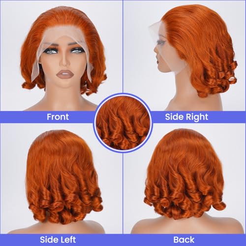 Short Bob Wig 350 Ginger Orange 16 Inch 180% Density Human Hair 13x4 HD Transparent Lace Front Wig with Baby Hair for Women