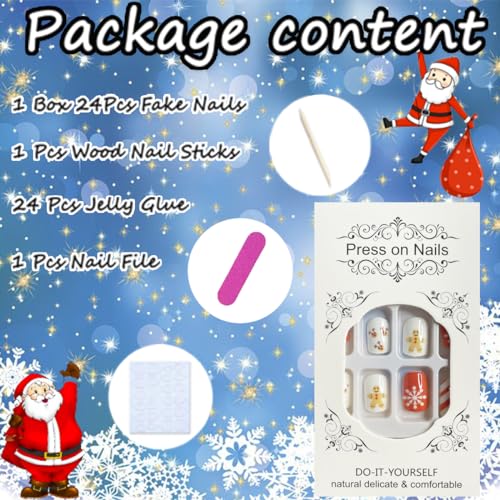 24Pcs Christmas Press on Nails Short Square Elk Fake Nails Full Cover Coffin Acrylic Nails Christmas Glue on nails with White Snowflakes Design Artificial False Nails for Women New Year Manicure Decor
