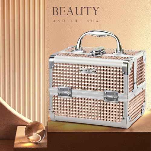 FRENESSA Makeup Case Train Case Portable Makeup Box with Mirror Lock Box Travel Cosmetic Train Cases Hard Makeup Organizer for Nail Craft Storage Vanity Rose Gold
