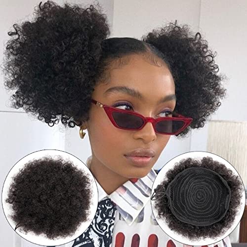 Afro Puff Drawstring Ponytail Human Hair Small Kinky Curly Ponytail Buns Hairpieces 8A Brazilian Virgin Hair Short Clip In Ponytails for Black Women Girls Kids 6 Inch Natural Black