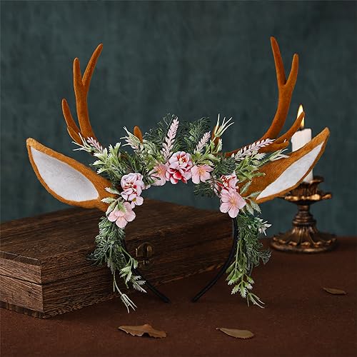 MOSTORY Handmade Antler Headband Brown - Adjustable Reindeer Horns Crown with Ears Fairy Flower Woodland Headpiece for Renaissance Christmas Cosplay Prom Fae Ball Costume Photo Prop