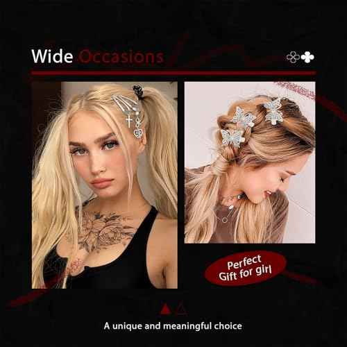 Punk Hair Clips Y2K Silver Barrettes 10PCS Butterfly Pendant Metal Snap Clips 7 Shapes Black Cross Alligator Clips Baroque Flower Hair Accessories for Women and Girls