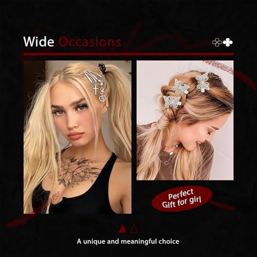 Punk Hair Clips Y2K Silver Barrettes 10PCS Butterfly Pendant Metal Snap Clips 7 Shapes Black Cross Alligator Clips Baroque Flower Hair Accessories for Women and Girls