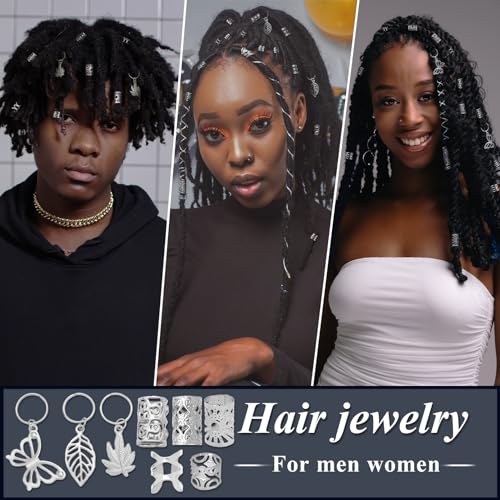 Fscwlmon 309Pcs Hair Jewelry for Women Braids,Hair Loc Cuff Coils Rings for Dreadlock Accessories,Locs Hair Tube Beads Decorations,Braid Clips Hair Charms Braids Accessories Silvery