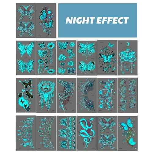 20 Sheets Glow In The Dark Butterfly Temporary Tattoos for Women Girls, Luminous Flower Butterflies Wings Kids Fake Tattoo Stickers Art Makeup Waterproof for Face Body Arm Party Favors