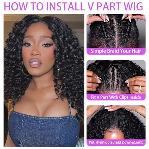 V Part Wigs Human Hair Burmese Curly Glueless Wig Human Hair 200% Density Wet And Wavy Water Wave V Part Wig With Drawstring And Spiral End Beginner Friendly Blend Curly Natural Black