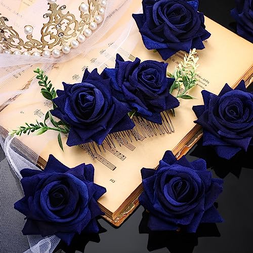 Geyoga Flower Hair Clip Set, 6 Pcs Rose Hair Accessories for Women Girls Wedding Dancing Party (Navy Blue)