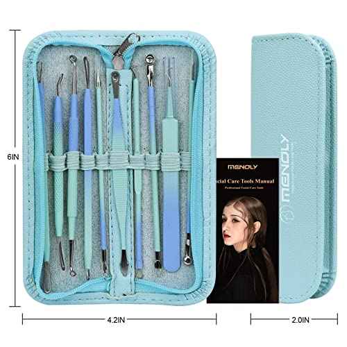 Blackhead Remover Tools MENOLY 10Pcs Pimple Popper Tool Kit, Blackhead Remover Extractor Tools, Acne Kit for Blackhead,Blemish,Zit Whitehead and Comedone Extractor Tool with Leather Bag