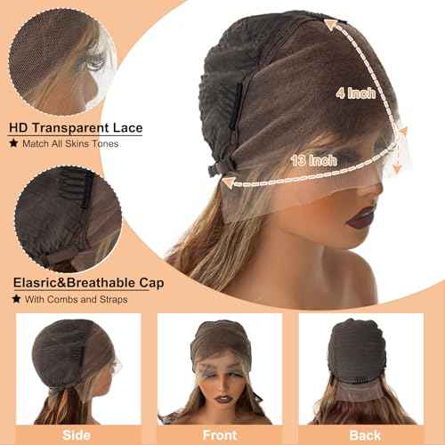 OiMiGO HD Transparent Lace Front Wig Human Hair 28Inch 13x4 Highlight Lace Frontal Wigs Human Hair Pre Plucked 180% Density 4/27 Honey Blonde Body Wave Wigs for Women