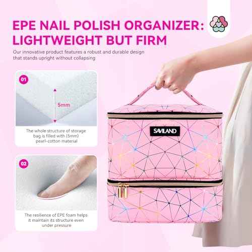 SAVILAND Nail Polish Organizer Bag: PU Leather Nail Polish Storage Organizer Holds 30 Bottles & Nail Lamp, Nail Polish Holder Travel Carrying Case Box Nail Tech Organizer Storage Bag for Nail Supplies