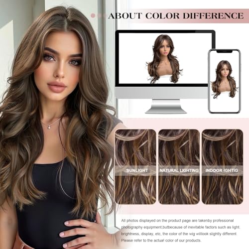 Aisaide Highlight Honey Brown Mix Dark Blonde Long Wavy Wig Layered with Curtain Bangs for Black Women Synthetic Highlight Brown Layered Wig Long Wavy Shaggy for Women 24inch
