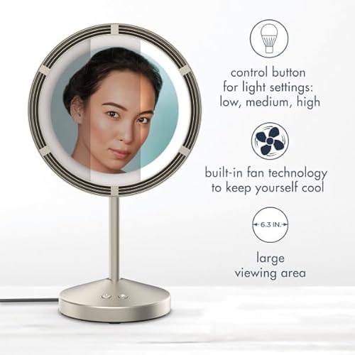 Conair LED-Lighted Fan Makeup Mirror with Spot Magnification, Vanity Mirror with Lights and Fan with 3 Settings, 6.3-Inch Viewing Area, Brushed Satin Nickel Finish