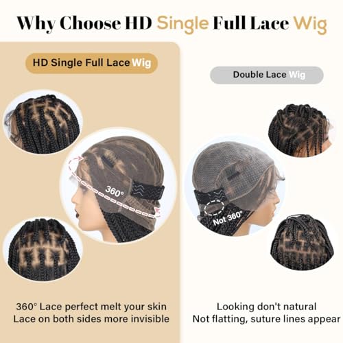 36 inch Knotless Boho Box Braid Wigs, 360 Single Full Lace Braided Curly Wigs for Black Women, Synthetic Black Braided Lace Wig