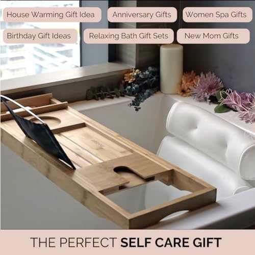 Foldable Bamboo Bathtub Tray Caddy - Expandable Bath Tray for Tub | Secure, Non-Slip Bathtub Caddy Tray for Tub for Bath Accessories, Bath Stuff ? Perfect Relaxing Gifts for Women and Spa Gift Set