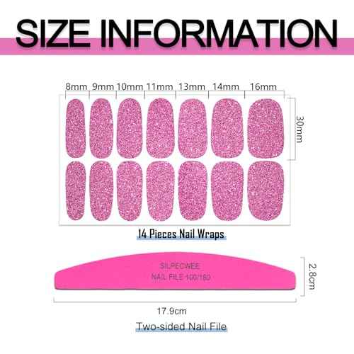SILPECWEE 8 Sheets Nail Stickers Full Nail Wraps (Pink Solid & Glitter), Self Adhesive Nail Polish Strips, Gel Strips Design Fingernail Sticker Nails for Women with File