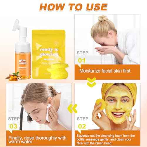 Turmeric Face Wash+Turmeric Cleansing Pads,100% Natural Turmeric Cleansing Pads, Reduce Blemishes & Dark Areas,Daily Cleansing,Cleans the Skin, Gentle Skin Care(1Set)