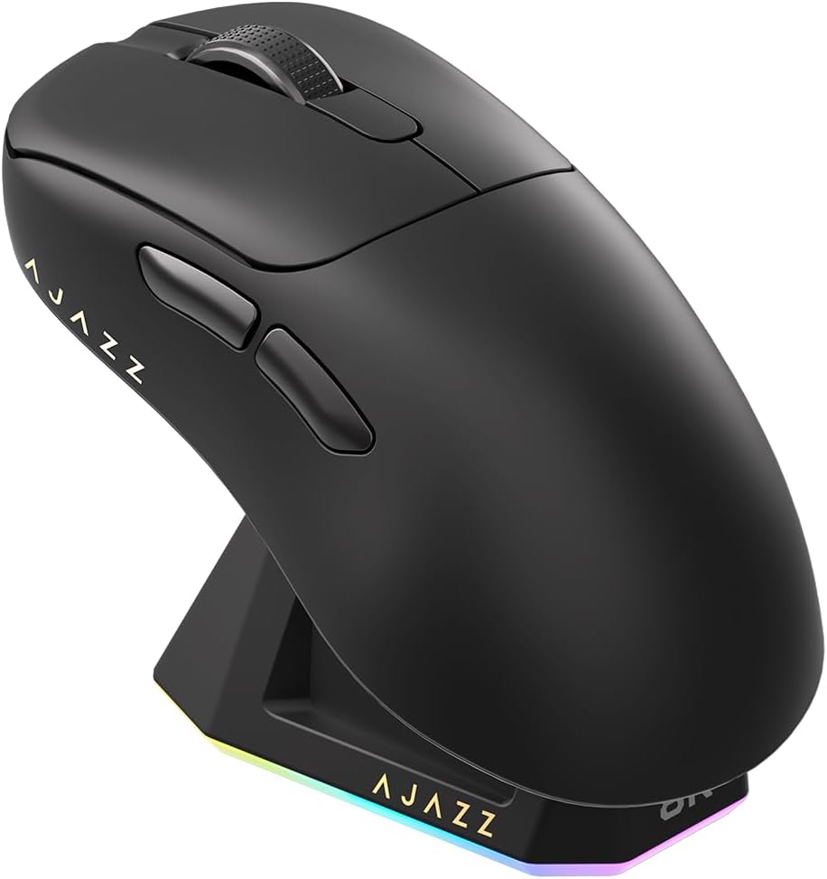 AJ159P MC Triple Mode (2.4G/Wired/Bluetooth 5.2) Gaming Mouse, 12000 DPI, 56g Ultra-Light, Magnetic RGB Charging Dock, Programmable 6 Buttons, Ergonomic Design for Computer Laptop PC, Black