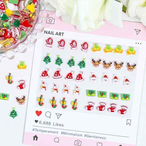 100Pcs Christmas Nail Charms Cute Elk Santa Claus Nail Rhinestones Xmas Tree Bell Gloves Socks Hat Design Winter Nail Art Charms 3D Resin Snowman Nail Gems New Year Nail Jewelry Accessories for Women