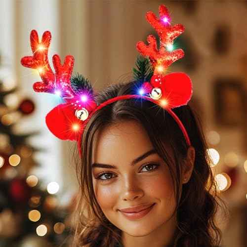 CAKURE Light Up Reindeer Antlers Headband LED Glow Christmas Headbands Deer Ears Hair Bands Holiday Xmas Headwear for Women