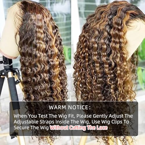 16Inch Highlighted Deep wave Lace Front Wig Human Hair Honey Blonde Highlight Deep Wave Wigs Human Hair 4/27 Curly Highlighted Wig for Black Women Pre-Plucked 180% Ombre Curly Wigs Glueless
