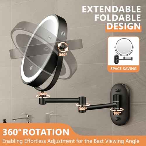 Auxmir 1X/30X Wall Mounted Makeup Mirror with Light, 8" Rechargeable Double-Sided Magnifying Mirror, Vanity Mirror Dimmable 3 Color Light, 360¡Æ Extension Rotation Foldable 14.5 Inch Arm, Black