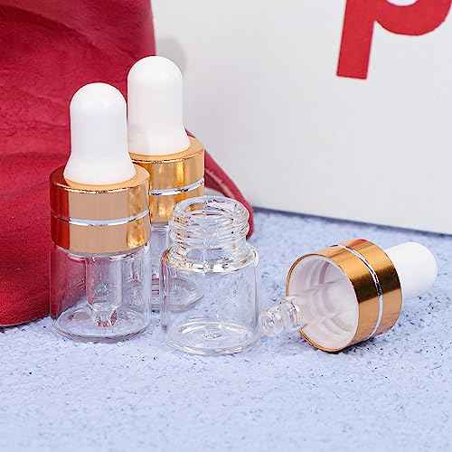 50 Pack 1ml Clear Glass Dropper Bottles with 2 Pcs Plastic Droppers, Mini Sample Dropper Bottles for Essential Oils Perfume Cosmetic Liquid, Empty Travel Sample Vials with Gold Cap