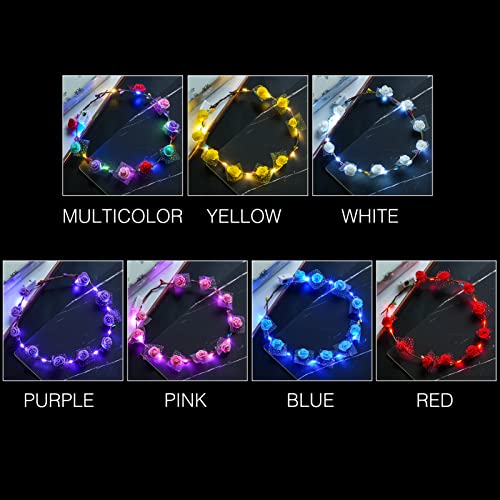 7 Pcs LED Flower Crown Headband, Light Up Flower Headbands for Women, Garlands Glowing Floral Wreath Crowns for Wedding Beach Party Birthday Cosplay (Diameter 19CM/7.4Inch)