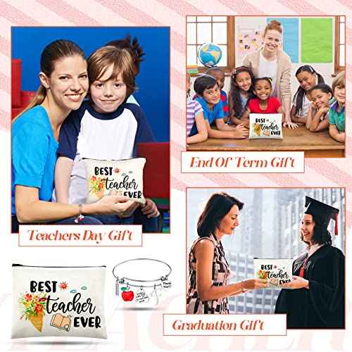 Highergo 2 Pcs Christmas Teacher Appreciation Gifts Set for Women Personalized Xmas Gifts Kits Cosmetic Bag Makeup Pouch Thank You Bangle Bracelet Keychain Present, Best Teacher Ever Present