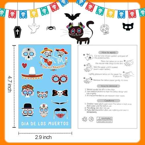 Partywind 100 Styles Luminous Day of the Dead Tattoos for Kids, Glow Halloween Day of the Dead Decorations Party Supplies Favors, Halloween Day of the Dead Costume Makeup