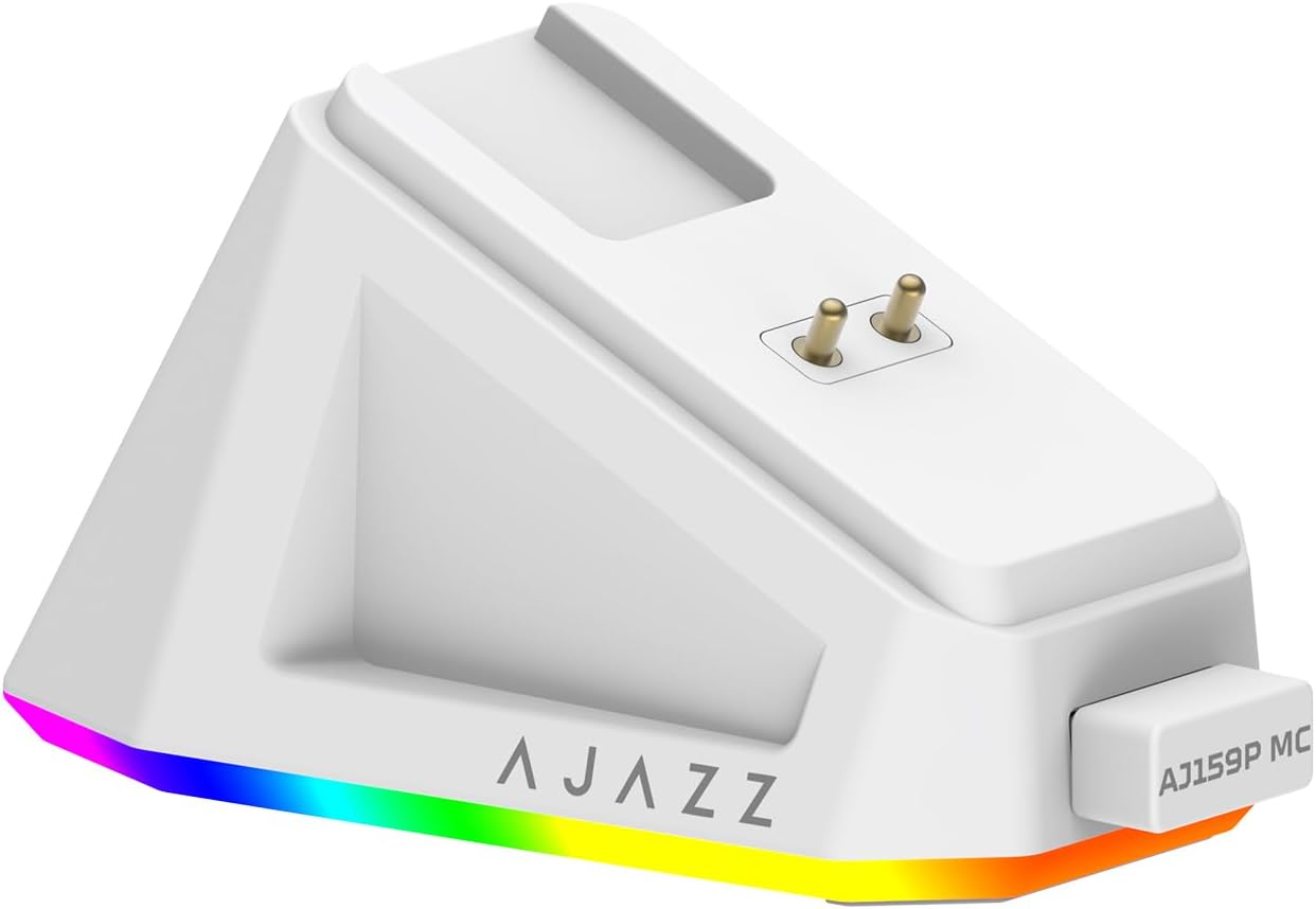 AJ179PRO PAW3395 26000 DPI Gaming Mouse, 8000Hz Polling Rate, 58g Ultra-Light, Tri-Mode (2.4G/Wired/Bluetooth 5.2), Magnetic RGB Charging Dock, Ergonomic Right-Hand Design, White