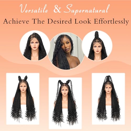 Brinbea Knotless Boho Braided Wigs 13x8'' HD Lace Front Braided Wigs for Women Box Braid Wig with Baby Hair Black Long Premium Synthetic Braided Lace Front Wigs 36 Inch