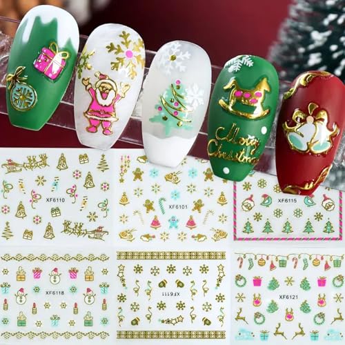 30 Sheets Christmas Nail Art Stickers Decals Set, Golden Cartoon Designs with Snowflakes, Snowmen, Trees, Reindeer, Bells, 3D Adhesive Embellishments, Shimmery Hexagonal Self-Adhesive Nail Decor