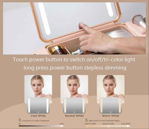 ZhenGuiRu Makeup Case with LED Lighted Mirror, 11.5''x 8.7'' Portable Travel Makeup Organizer, Toiletry Storage Makeup Bag Gift for Lady, DIY Dividers Makeup Box with 5X Magnifying Mirror (White)