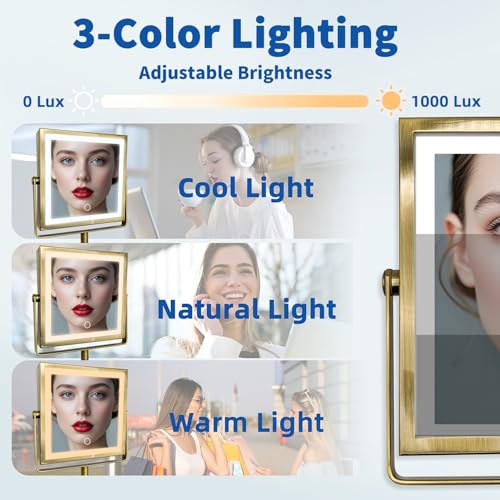 Ruacq Rechargeable Wall Mounted Makeup Mirror with Lights, Double Sided 1X/10X Magnifying Vanity Mirror with 3 Color Lights, Touch Screen Dimmable, 360¡Æ Rotation Extension Foldable Arm(Antique Brass)