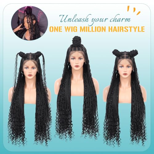 Kalyss 13x8 HD Lace Front Braided Wigs Boho Braided Wigs for Women Knotless Braid Wig with Baby Hair Box Braid wigs Long Premium Synthetic Wig Black 36 Inch