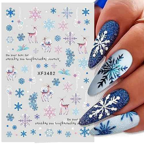 10 Sheets Christmas Nail Art Stickers, 3D Snowflake Nail Decals Cute Cartoon Elk Santa Claus Snowman Penguin Deer Snow Nail Design Xmas Winter Nail Stickers for New Year Holiday Manicure Decoration
