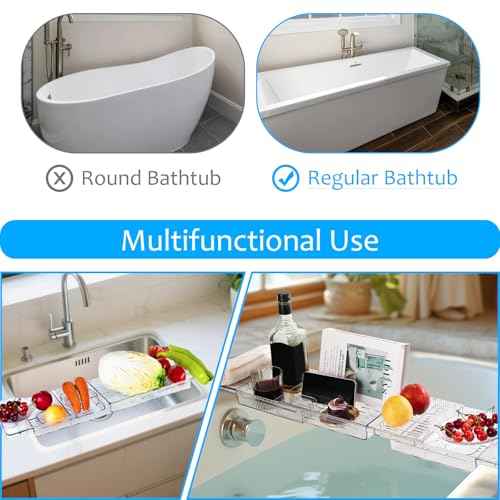 Expandable Bathtub Tray for Tub - Clear Bath Caddy, Waterproof Bathroom Storage Organizer, 22.3" up to 31.7", Spa Organizer for Wine, Books & Phone, Ideal Spa Accessory for Women & Adults