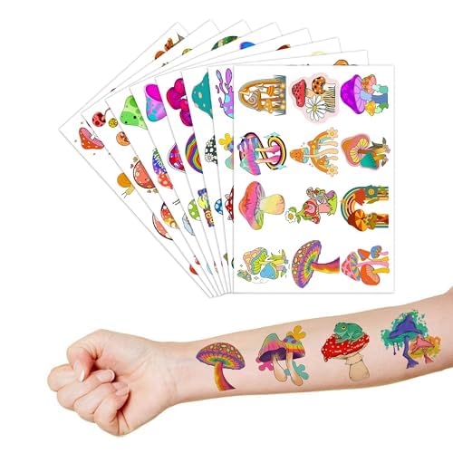 96 PCS Mushroom Temporary Tattoos Mushroom Veggie Theme Birthday Party Decorations Favors Supplies Decor Trippy Cute Stickers Gifts for Boys Girls Kids Class School Prizes Carnival Halloween Christmas