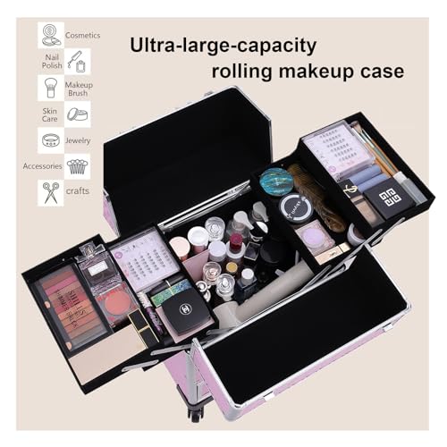 TOPACK Rolling Makeup Train Case,Professional Cosmetology Case on Wheels,Large Cosmetic Organizer Trolley Case,Makeup Travel Case with Draws,Nail Artist Hairstylist Storage Traveling Cart Trunk,Pink
