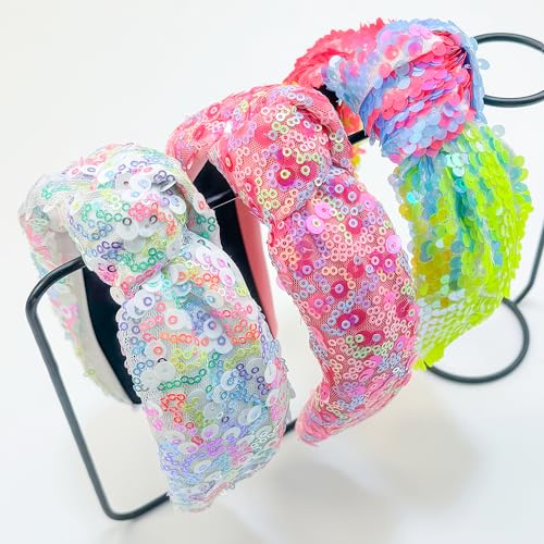 XIMA 3 PCS Sequin Headbands for Women and Girls Neon Rainbow Sparkle Statement Top Knot Holiday Hairbands Hair Accessories for Kids Girls Women