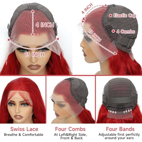 Hot Red Lace Front Wig Human Hair 180% Density 13x4 HD Lace Straight Colored Human Hair Wigs For Women Virgin Brazilian Hair 20 inches