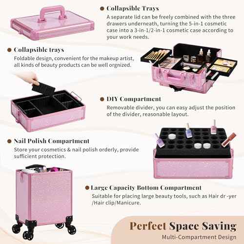 AROUS Rolling Makeup Train Case Large Storage Cosmetic Trolley 5 in 1 Large Capacity Trolley Makeup Travel Case with Key Swivel Wheels Salon Barber Case Traveling Cart Trunk, Pink