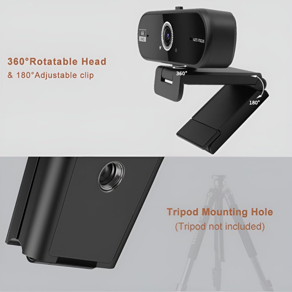 4K Webcam,Tripod,Compatible with PC/Laptop/Mac, Computer Camera with Low-Light Correction, AI Noise-Canceling Microphone, Adjustable Field of View, Built-in Privacy Shutter, Ideal for Meetings